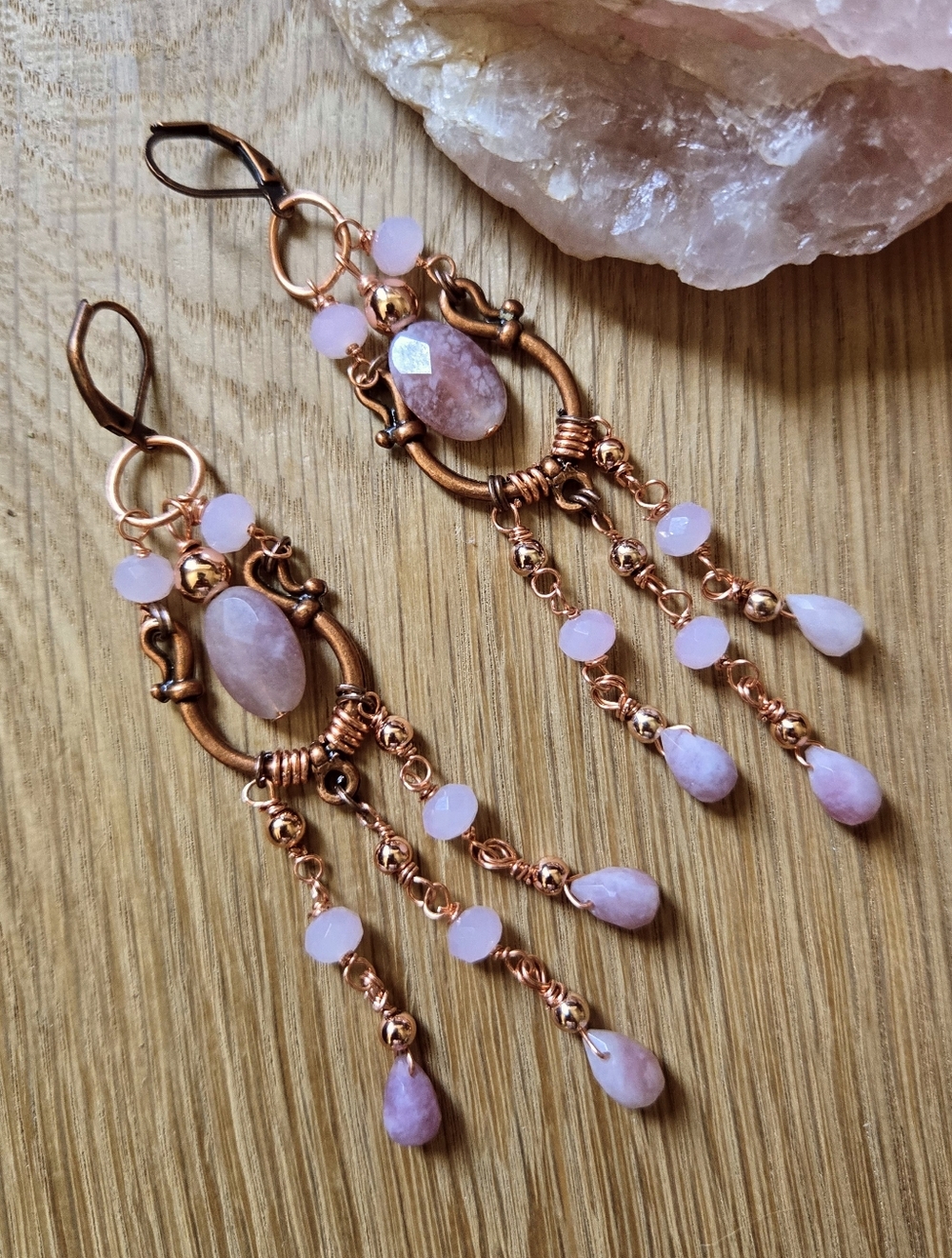 Natural Candy Pink Jade In Artisan Made Handcrafted Antique Copper Earrings